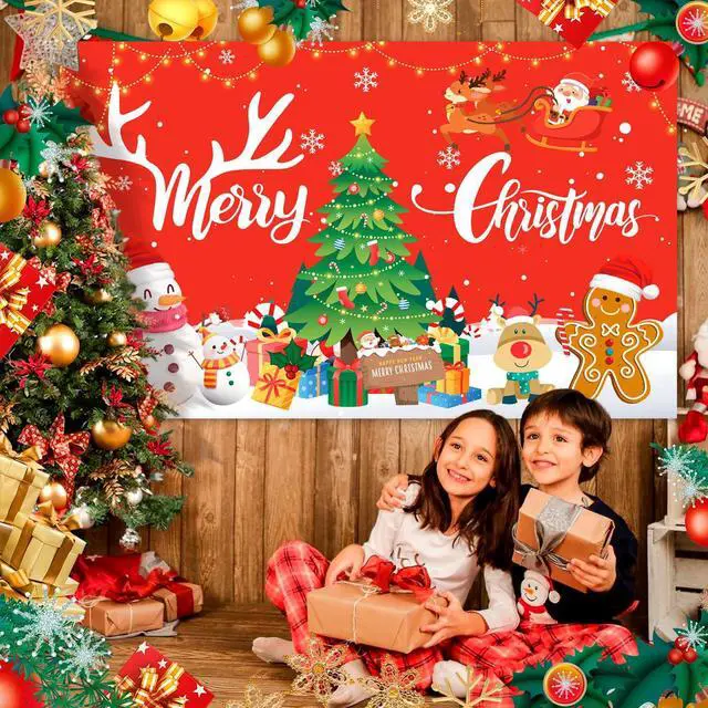 Alt view image 5 of 6 - 71x43'' Merry Christmas Party Banner Backdrop, Xmas Winter Elk Background Snowman Backdrop for Merry Christmas Party Decorations Supplies