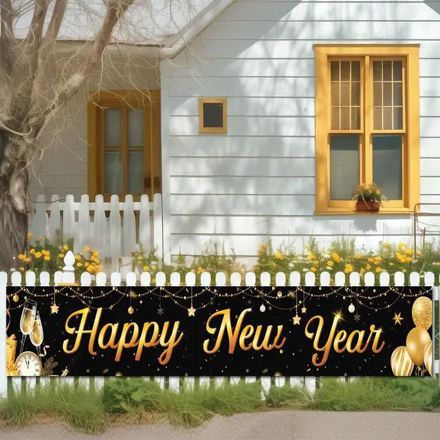 Alt view image 4 of 6 - 19.6x118 In Happy New Year Yard Banner Gaint New Years Yard Sign Fence Banner for Happy New Year Eve Decorations