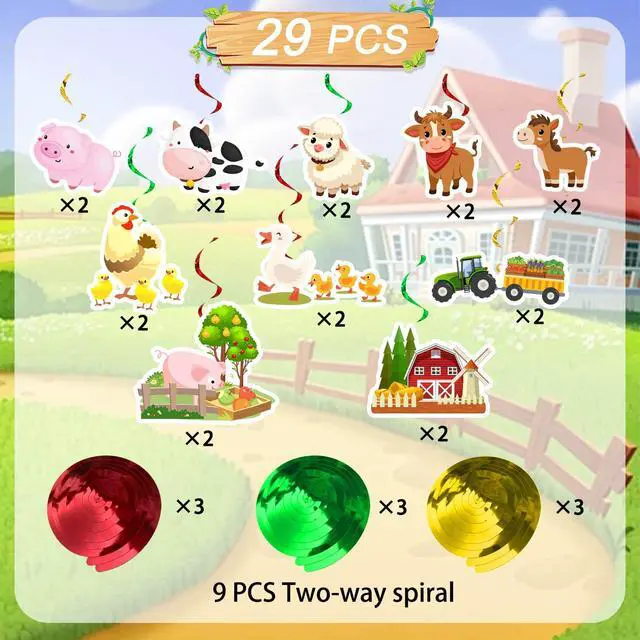 Alt view image 2 of 6 - 20 Pcs Farm Animal Party Hanging Swirl Decorations, Barnyard Birthday Party Supplies Farm Hanging Foil Swirls Ceiling Decor for Animal Birthday Decoration Supplies