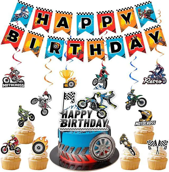 Main image of 20 Pcs Dirt Bike Party Supplies - Motorcycle Birthday Banner, Motocross Party Hangling Swirls & Cake Topper etc Dirt Bike Birthday Party Decorations