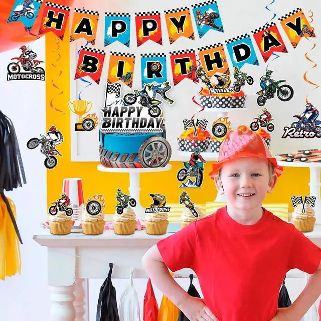 Alt view image 2 of 6 - 20 Pcs Dirt Bike Party Supplies - Motorcycle Birthday Banner, Motocross Party Hangling Swirls & Cake Topper etc Dirt Bike Birthday Party Decorations
