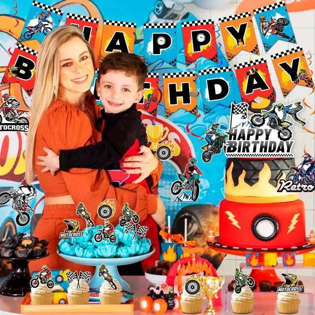 Alt view image 3 of 6 - 20 Pcs Dirt Bike Party Supplies - Motorcycle Birthday Banner, Motocross Party Hangling Swirls & Cake Topper etc Dirt Bike Birthday Party Decorations