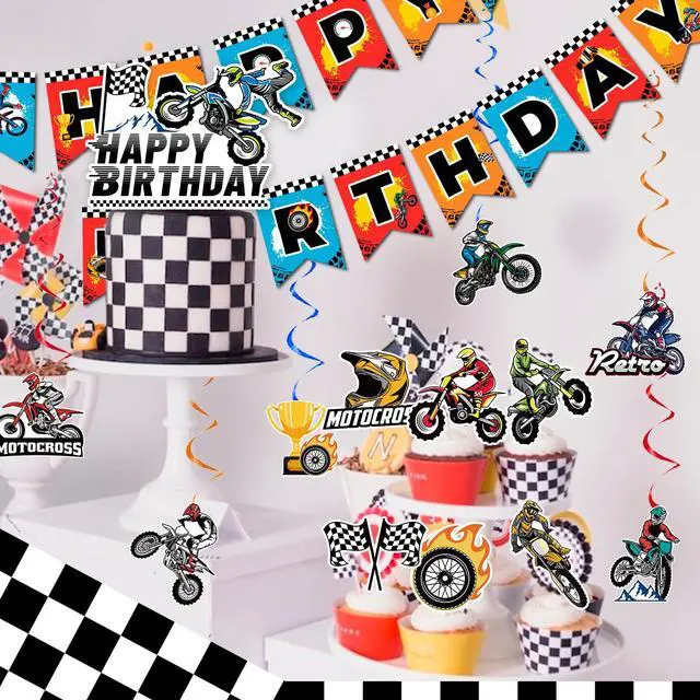 Alt view image 4 of 6 - 20 Pcs Dirt Bike Party Supplies - Motorcycle Birthday Banner, Motocross Party Hangling Swirls & Cake Topper etc Dirt Bike Birthday Party Decorations