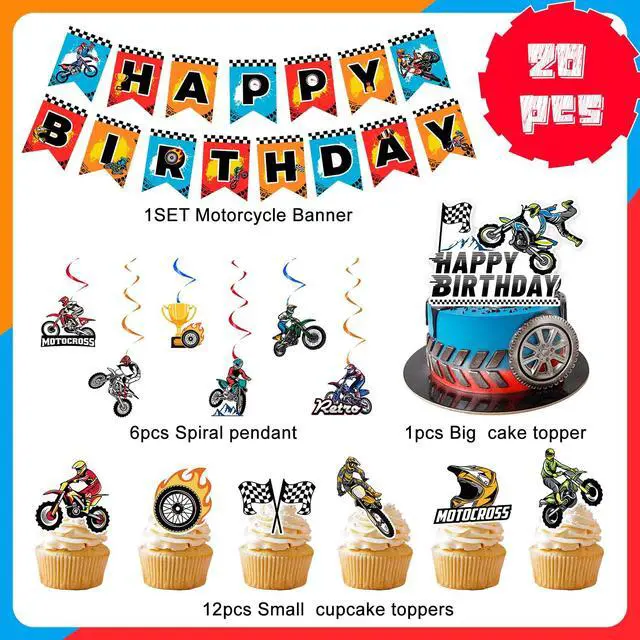 Alt view image 6 of 6 - 20 Pcs Dirt Bike Party Supplies - Motorcycle Birthday Banner, Motocross Party Hangling Swirls & Cake Topper etc Dirt Bike Birthday Party Decorations