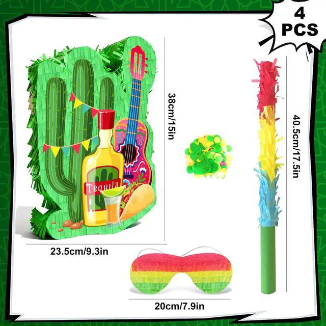 Alt view image 2 of 6 - Mexican Cactus Party Piñata, 4 in 1 Mexican Fiesta Party Piñata Set Includes Cinco De Mayo Cactus Pinata Blindfold Mexican Piñata Stick etc Mexican Fiesta Decorations Mexican Party Decorations