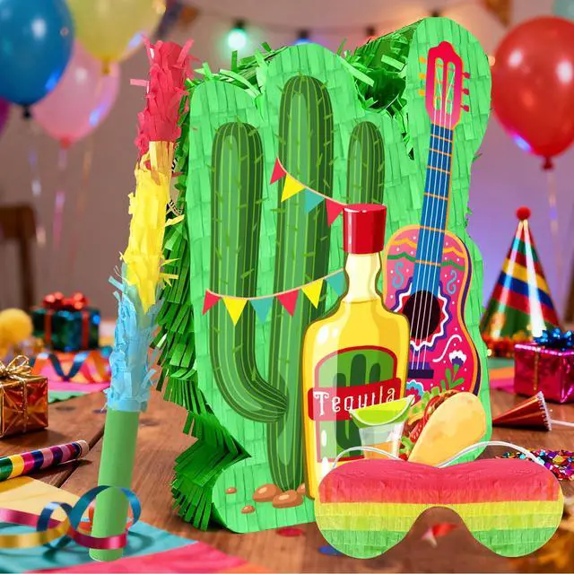 Alt view image 5 of 6 - Mexican Cactus Party Piñata, 4 in 1 Mexican Fiesta Party Piñata Set Includes Cinco De Mayo Cactus Pinata Blindfold Mexican Piñata Stick etc Mexican Fiesta Decorations Mexican Party Decorations