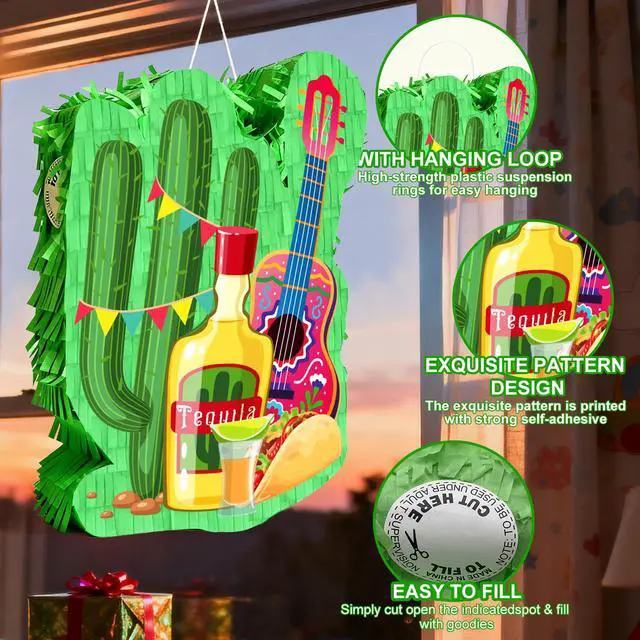 Alt view image 3 of 6 - Mexican Cactus Party Piñata, 4 in 1 Mexican Fiesta Party Piñata Set Includes Cinco De Mayo Cactus Pinata Blindfold Mexican Piñata Stick etc Mexican Fiesta Decorations Mexican Party Decorations