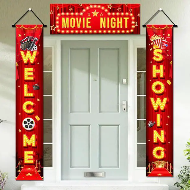 Main image of 2 Pcs Movie Night Porch Sign Banner/Movie Night Porch Banner & 1 Pcs Movie Night Door Top Banner for Movie Night Birthday Party Decorations