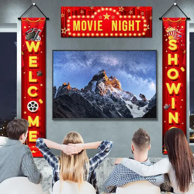 Alt view image 2 of 6 - 2 Pcs Movie Night Porch Sign Banner/Movie Night Porch Banner & 1 Pcs Movie Night Door Top Banner for Movie Night Birthday Party Decorations