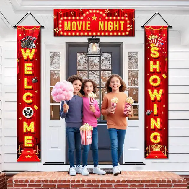 Alt view image 3 of 6 - 2 Pcs Movie Night Porch Sign Banner/Movie Night Porch Banner & 1 Pcs Movie Night Door Top Banner for Movie Night Birthday Party Decorations