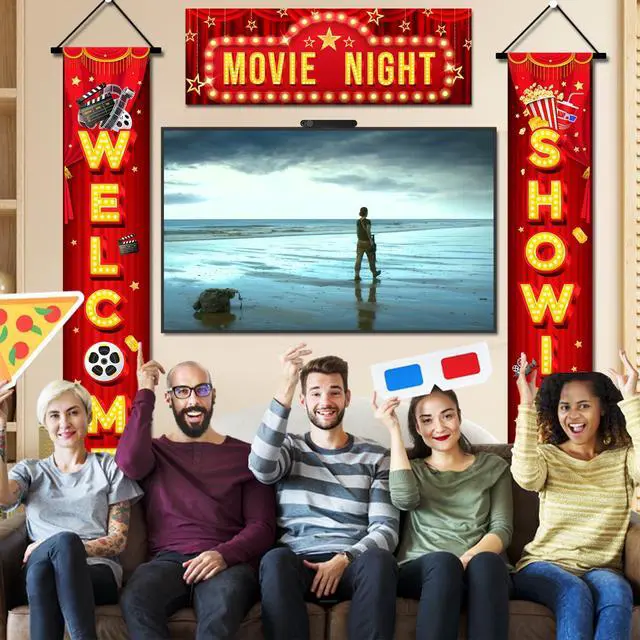 Alt view image 4 of 6 - 2 Pcs Movie Night Porch Sign Banner/Movie Night Porch Banner & 1 Pcs Movie Night Door Top Banner for Movie Night Birthday Party Decorations