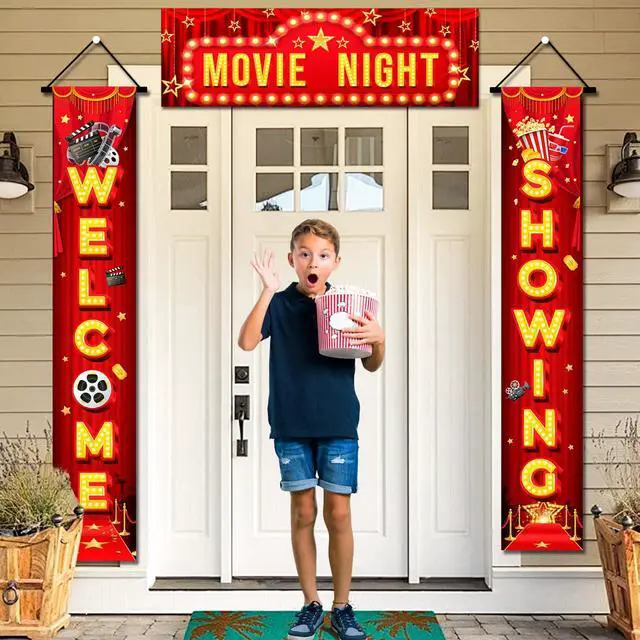 Alt view image 5 of 6 - 2 Pcs Movie Night Porch Sign Banner/Movie Night Porch Banner & 1 Pcs Movie Night Door Top Banner for Movie Night Birthday Party Decorations