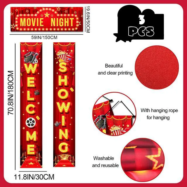 Alt view image 6 of 6 - 2 Pcs Movie Night Porch Sign Banner/Movie Night Porch Banner & 1 Pcs Movie Night Door Top Banner for Movie Night Birthday Party Decorations