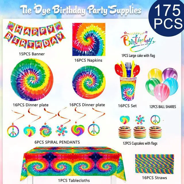 Alt view image 2 of 6 - 175 Pcs Tie Dye Birthday Party Supplies, 16 Guests Tie Dye Party Tableware Decorations Set Tie Dye Paper Plates Cups Tablecloth Napkins Banner Marble Balloons etc Tie Dye Party Decorations