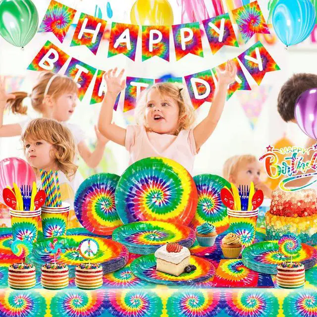 Alt view image 3 of 6 - 175 Pcs Tie Dye Birthday Party Supplies, 16 Guests Tie Dye Party Tableware Decorations Set Tie Dye Paper Plates Cups Tablecloth Napkins Banner Marble Balloons etc Tie Dye Party Decorations