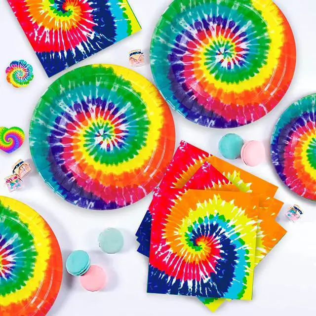 Alt view image 4 of 6 - 175 Pcs Tie Dye Birthday Party Supplies, 16 Guests Tie Dye Party Tableware Decorations Set Tie Dye Paper Plates Cups Tablecloth Napkins Banner Marble Balloons etc Tie Dye Party Decorations