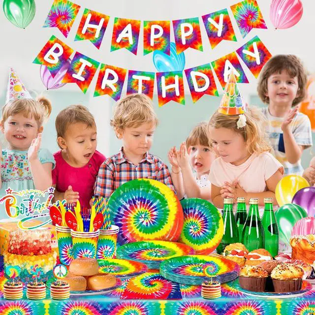 Alt view image 5 of 6 - 175 Pcs Tie Dye Birthday Party Supplies, 16 Guests Tie Dye Party Tableware Decorations Set Tie Dye Paper Plates Cups Tablecloth Napkins Banner Marble Balloons etc Tie Dye Party Decorations
