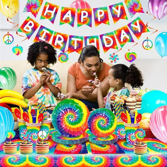 Alt view image 6 of 6 - 175 Pcs Tie Dye Birthday Party Supplies, 16 Guests Tie Dye Party Tableware Decorations Set Tie Dye Paper Plates Cups Tablecloth Napkins Banner Marble Balloons etc Tie Dye Party Decorations
