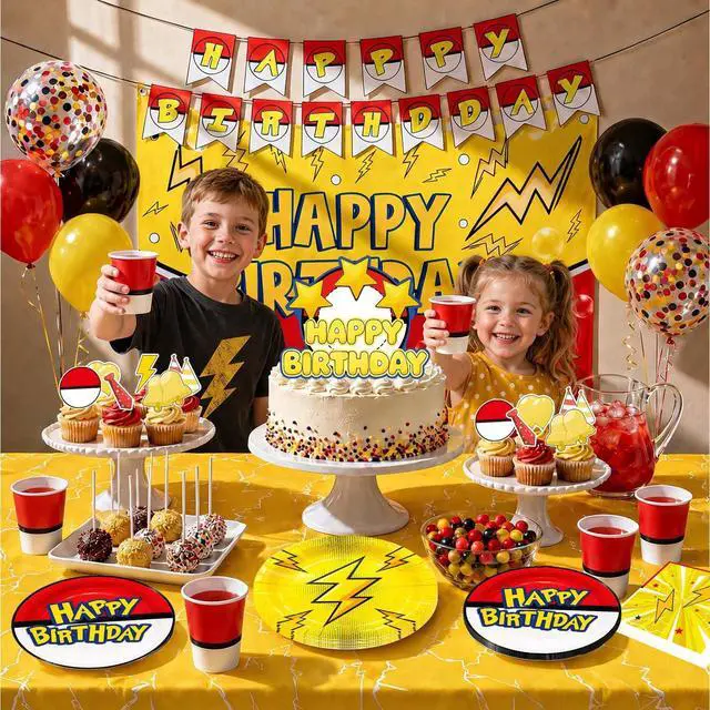 Alt view image 7 of 7 - Cartoon Animation Birthday Party Supplies, 98 Pcs Cartoon Animation Party Decorations Tableware Set Including Cartoon Animation Banner Plates Cups Napkins etc Cartoon Lightning Birthday Party Supplies