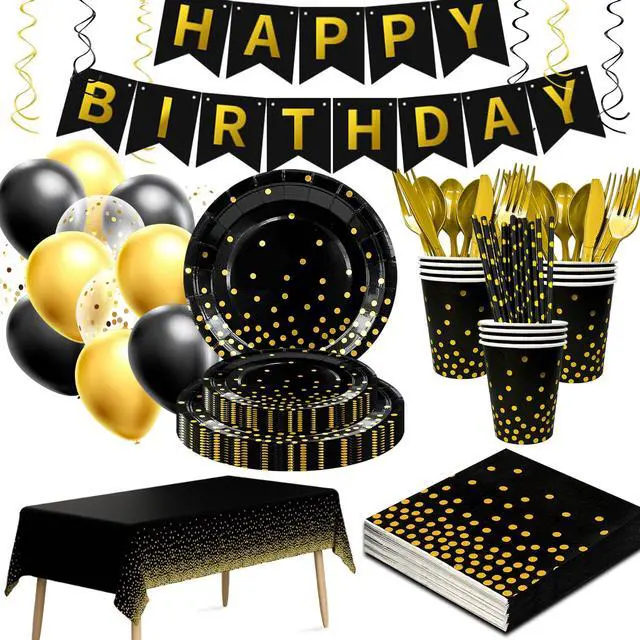 Main image of 148 Pcs Black and Gold Party Decorations, 16 Guests Black and Gold Party Tableware Set with Plates Tablecloth Gold Foil Balloons Banner for Wedding Anniversary Party Decorations