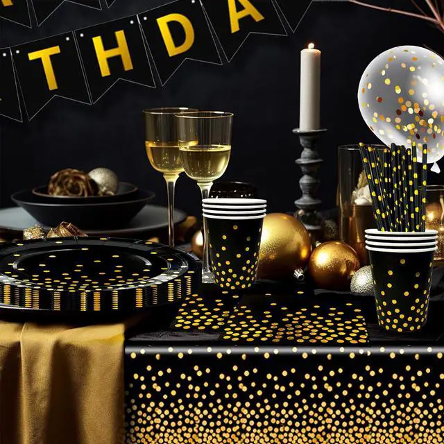 Alt view image 3 of 6 - 148 Pcs Black and Gold Party Decorations, 16 Guests Black and Gold Party Tableware Set with Plates Tablecloth Gold Foil Balloons Banner for Wedding Anniversary Party Decorations