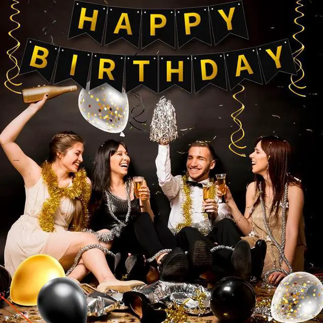 Alt view image 4 of 6 - 148 Pcs Black and Gold Party Decorations, 16 Guests Black and Gold Party Tableware Set with Plates Tablecloth Gold Foil Balloons Banner for Wedding Anniversary Party Decorations