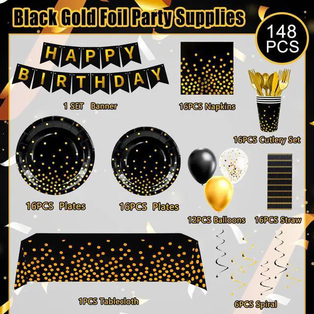 Alt view image 6 of 6 - 148 Pcs Black and Gold Party Decorations, 16 Guests Black and Gold Party Tableware Set with Plates Tablecloth Gold Foil Balloons Banner for Wedding Anniversary Party Decorations