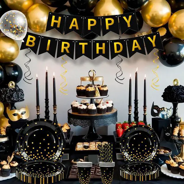 Alt view image 2 of 6 - 148 Pcs Black and Gold Party Decorations, 16 Guests Black and Gold Party Tableware Set with Plates Tablecloth Gold Foil Balloons Banner for Wedding Anniversary Party Decorations