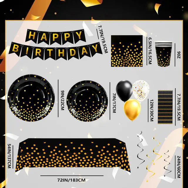 Alt view image 5 of 6 - 148 Pcs Black and Gold Party Decorations, 16 Guests Black and Gold Party Tableware Set with Plates Tablecloth Gold Foil Balloons Banner for Wedding Anniversary Party Decorations