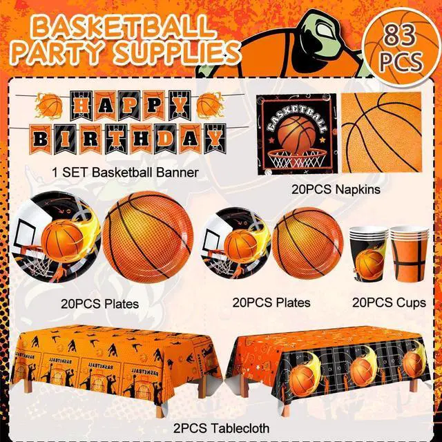 Alt view image 6 of 6 - 20 Guests Basketball Party Tableware, Basketball Birthday Tableware Basketball Plates and Napkins Tablecloths Basketball Happy Birthday Banner etc Basketball Tableware for Basketball Party Decorations