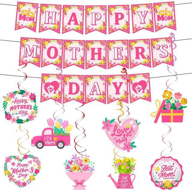Main image of Mother's Day Party Hanging Decorations, 9 Pcs Mothers Day Banner Hanging Swirl Best Mother Ceiling Swirl & Banner for Happy Mothers Day Decorations
