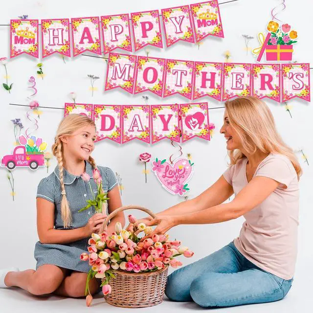 Alt view image 2 of 6 - Mother's Day Party Hanging Decorations, 9 Pcs Mothers Day Banner Hanging Swirl Best Mother Ceiling Swirl & Banner for Happy Mothers Day Decorations