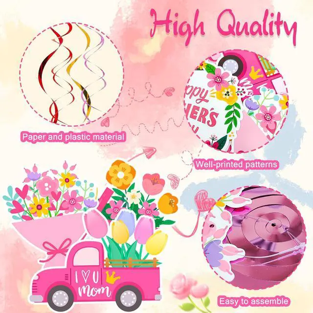 Alt view image 3 of 6 - Mother's Day Party Hanging Decorations, 9 Pcs Mothers Day Banner Hanging Swirl Best Mother Ceiling Swirl & Banner for Happy Mothers Day Decorations