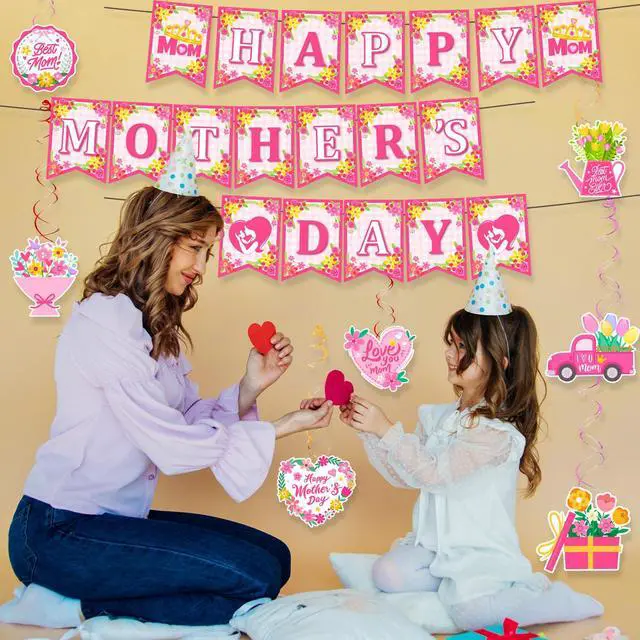 Alt view image 5 of 6 - Mother's Day Party Hanging Decorations, 9 Pcs Mothers Day Banner Hanging Swirl Best Mother Ceiling Swirl & Banner for Happy Mothers Day Decorations
