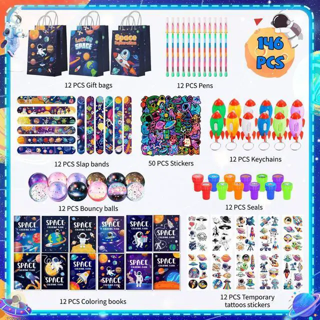 Alt view image 2 of 7 - 146 Pcs Space Party Favors Bags Fillers Include Outer Space Goodie Bags Bracelets Solar System Coloring Books etc for Astronaut Party Decorations Supplies