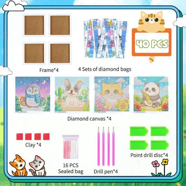 Alt view image 2 of 7 - 40pcs 5D Cartoon Diamond Painting Kits for Beginners, 6.7 x 6.7 In Cute Animal Diy Diamond Penguin Panda Arts and Crafts for Animal Party Decorations Party Favors Bag Fillers Supplies