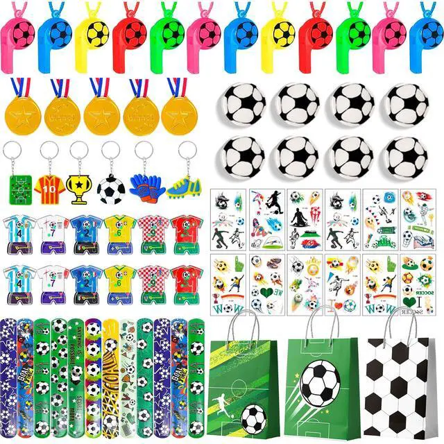 Main image of Soccer Birthday Party Decorations, 96pcs Soccer Party Favor Bag Fillers with Soccer Party Keychain Bags Bracelet Maze Stickers Winner Medals for Soccer Birthday Party Supplies