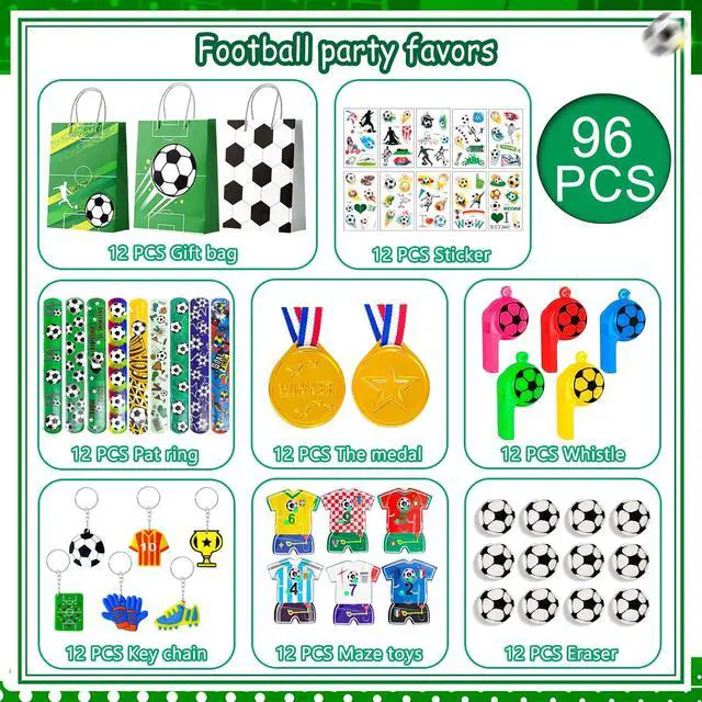 Alt view image 2 of 6 - Soccer Birthday Party Decorations, 96pcs Soccer Party Favor Bag Fillers with Soccer Party Keychain Bags Bracelet Maze Stickers Winner Medals for Soccer Birthday Party Supplies