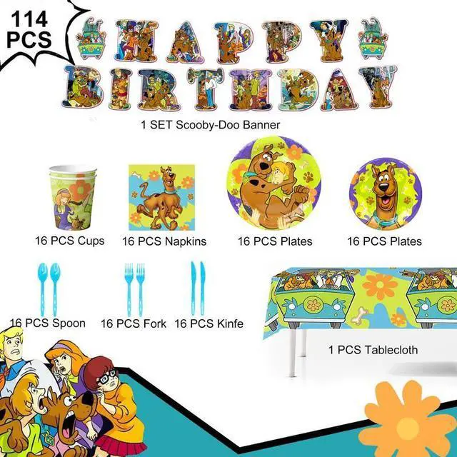 Alt view image 2 of 7 - 114 Pcs Scoobydoo Birthday Party Decoration Tableware Set including Scoobydoo Tablecloth Banner Plates Napkins Cups etc Scoobydoo Birthday Party Decorations for Scoobydoo Party Supplies