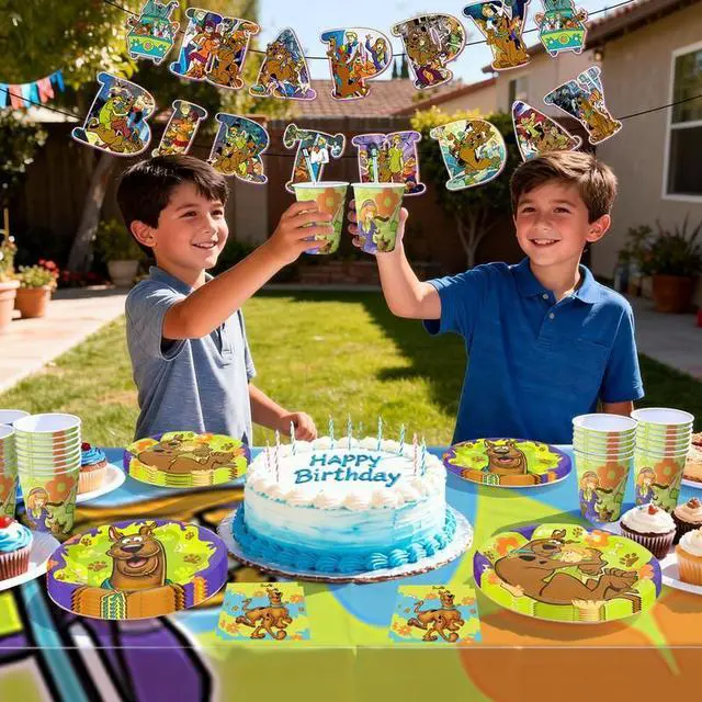 Alt view image 5 of 7 - 114 Pcs Scoobydoo Birthday Party Decoration Tableware Set including Scoobydoo Tablecloth Banner Plates Napkins Cups etc Scoobydoo Birthday Party Decorations for Scoobydoo Party Supplies