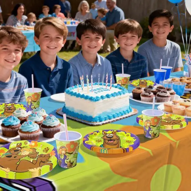 Alt view image 6 of 7 - 114 Pcs Scoobydoo Birthday Party Decoration Tableware Set including Scoobydoo Tablecloth Banner Plates Napkins Cups etc Scoobydoo Birthday Party Decorations for Scoobydoo Party Supplies