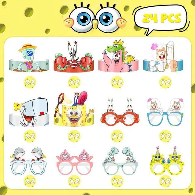 Alt view image 2 of 7 - 24 Pcs SpongeBob Birthday Party Supplies - SpongeBob Party Paper Hats&SpongeBob Glasses for SpongeBob Party Favors Supplies