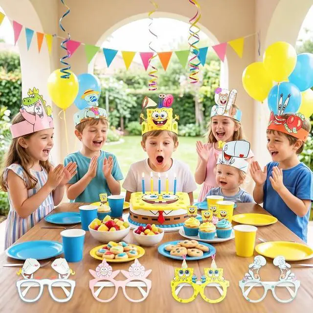 Alt view image 4 of 7 - 24 Pcs SpongeBob Birthday Party Supplies - SpongeBob Party Paper Hats&SpongeBob Glasses for SpongeBob Party Favors Supplies