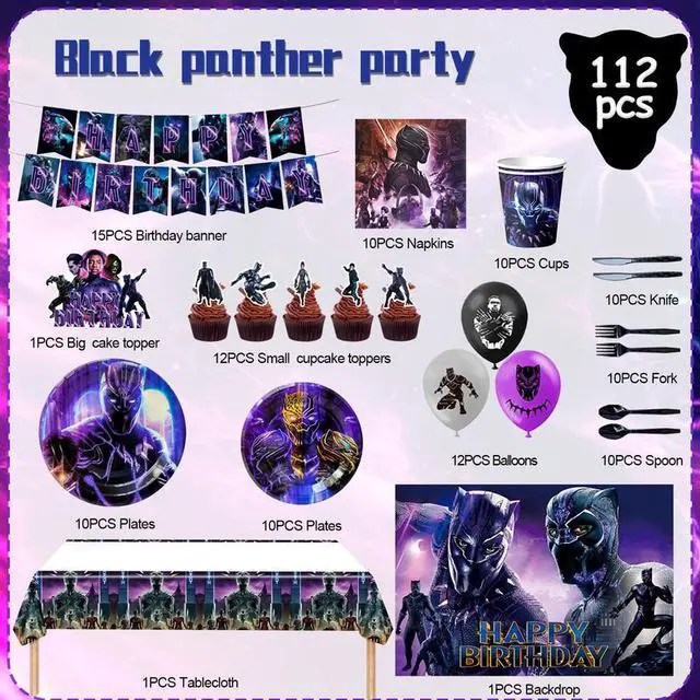 Alt view image 2 of 7 - Black Panther Birthday Party Supplies, 112 Pcs Black Panther Party Decorations&Tableware Set - Black Panther Balloons Background Banner Plates etc Black Panther Birthday Decorations