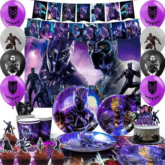 Main image of Black Panther Birthday Party Supplies, 112 Pcs Black Panther Party Decorations&Tableware Set - Black Panther Balloons Background Banner Plates etc Black Panther Birthday Decorations
