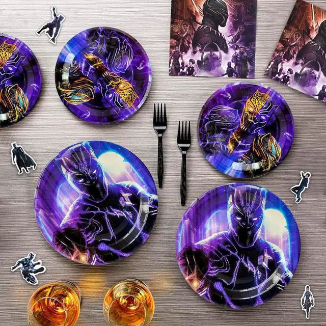 Alt view image 4 of 7 - Black Panther Birthday Party Supplies, 112 Pcs Black Panther Party Decorations&Tableware Set - Black Panther Balloons Background Banner Plates etc Black Panther Birthday Decorations