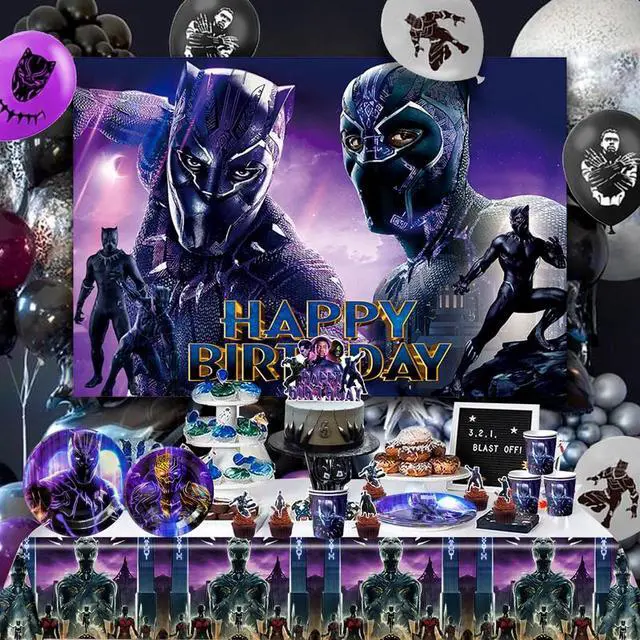 Alt view image 3 of 7 - Black Panther Birthday Party Supplies, 112 Pcs Black Panther Party Decorations&Tableware Set - Black Panther Balloons Background Banner Plates etc Black Panther Birthday Decorations