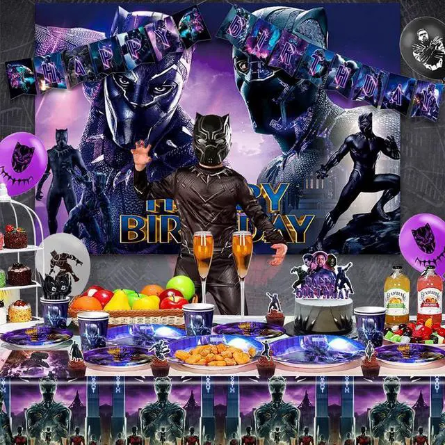 Alt view image 5 of 7 - Black Panther Birthday Party Supplies, 112 Pcs Black Panther Party Decorations&Tableware Set - Black Panther Balloons Background Banner Plates etc Black Panther Birthday Decorations