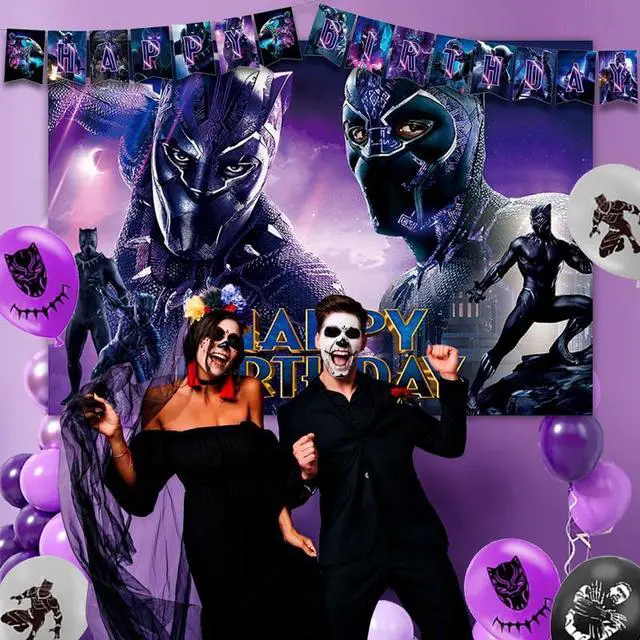 Alt view image 6 of 7 - Black Panther Birthday Party Supplies, 112 Pcs Black Panther Party Decorations&Tableware Set - Black Panther Balloons Background Banner Plates etc Black Panther Birthday Decorations