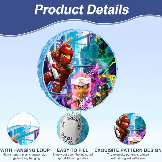 Alt view image 3 of 7 - 4 Pcs Ninja Party Round Pinata Bundle - Ninja Piñata Large, Ninja Party Blindfold & Ninja Birthday Party Pinata Stick etc Ninja Birthday Party Supplies for Boys/Girls